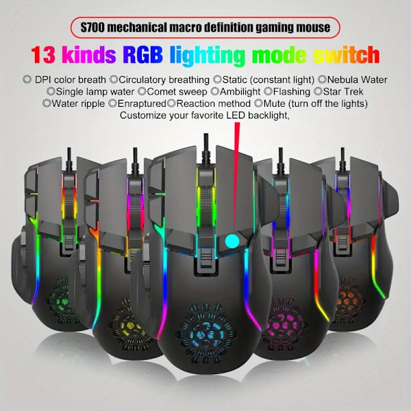 10-knapps Trådbunden Gamingmus Med Makroprogrammering, 13 Rgb-ljuslägen, 6-hastighets 12800 Dpi