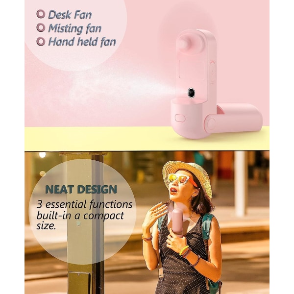 Bärbar fläkt, 3 i 1 dimfläkt, batteridriven USB uppladdningsbar mini-portabel fläkt, personlig resefläkt för kvinnor, barn och flickor (rosa)