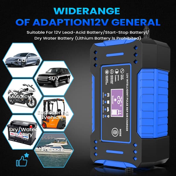 Batterilader - 6A 12V Batterireparasjon med LCD-skjerm