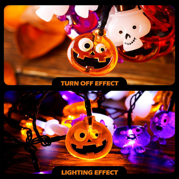 70 LED Pumpa Spindel Dödskalle Ljusslinga - 6,9 m Orange Lila Vit Halloween Ljusslinga med Timerfunktion, Kopplingsbar Belysning för