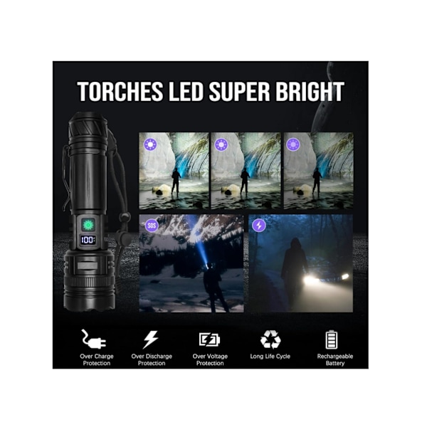 Ultrastark 15 000 Lumen Batteridriven Uppladdningsbar LED-Ficklampa Med Zoom Svart
