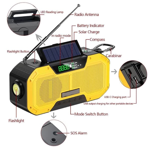 Radio Solar, LED Nødvejrsradio Solenergi Nødblitzlys (Gul)