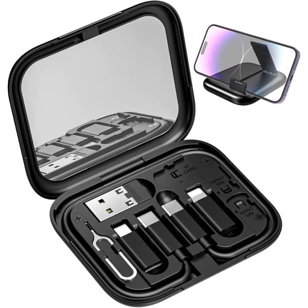 Adapter - Indeholder makeupspejl/USB C-kabel/OTG-adaptere til mobiltelefon (sort)