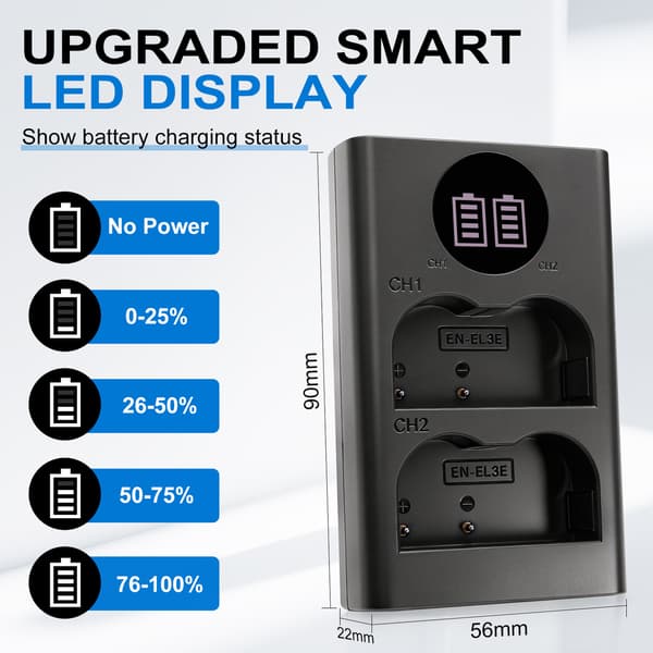 Batterilader for DL-EN-EL3e, kompatibel med Nikon EN-EL3E D90 D700 D300 D80 D70