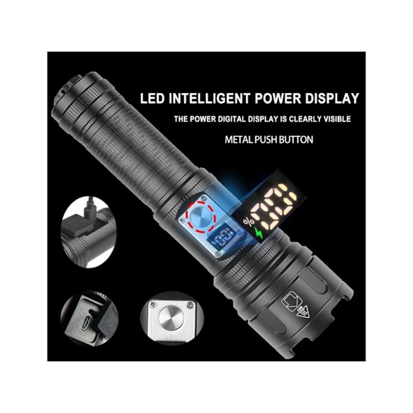 Oppladbare lommelykter med høy lumen, supersterk LED-lommelykt, USB C taktisk lommelykt med 10 moduser, zoom for nødsituasjoner, svart