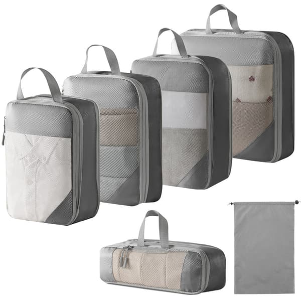 Resväska organiseringsväska set, med dragskoväska 6-pack (grå)