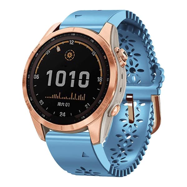 For Garmin Fenix 7S/6S Pro/5S Plus/Instinct 2S Hollow-out Flower Pattern Silicone Watch Band Adjustable Quick Release Soft Strap Replacement Baby Blue