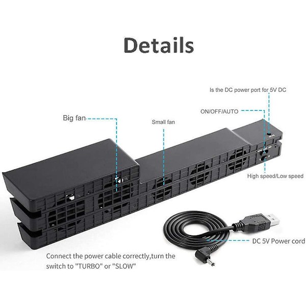 Kylfläkt för Ps4 Pro, USB Extern Kylare 5 Fläkt Turbo Temperaturkontroll Kompatibel med Sony Playstation Pro Gaming Console