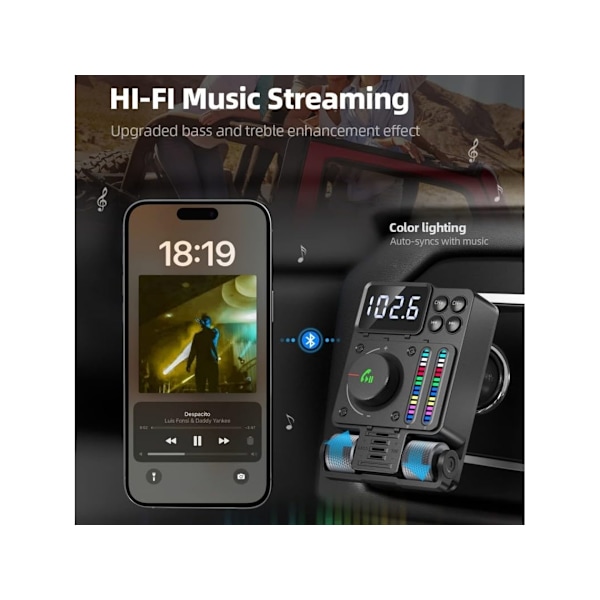Multifunktionel Bluetooth FM-sender til bil Bluetooth 5.3, lydjustering, live stemme (sort)