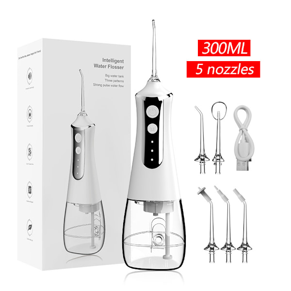 Suuvesisuihku - 300 ml, 3 tilaa, 5 vaihdettavaa suutinta, USB-ladattava (valkoinen)