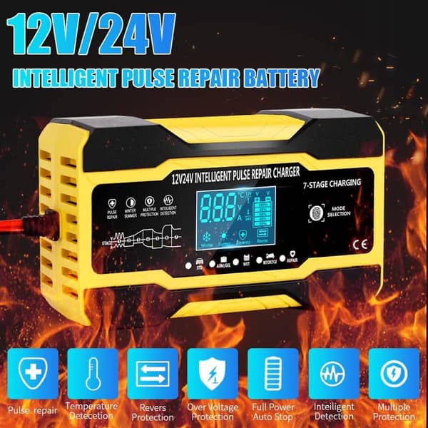 Batterilader - 12V/24V Helautomatisk Multifunksjonell Lader Med LCD Touch Skjerm (Gul)