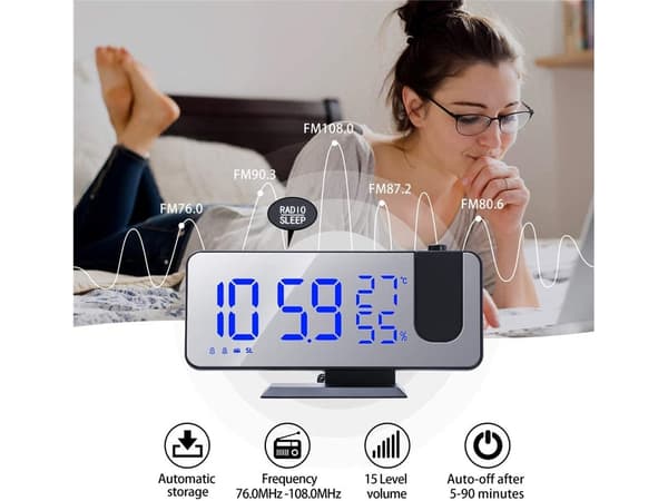 Radio LED USB -klocka med temperatur och tid Vitblå