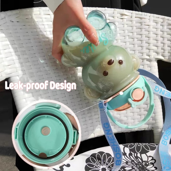 Bear vesipullo oljella, Kawaii vuotamaton vesikannu säädettävällä olkahihnalla retkeilymatkoille 1400ml Blue