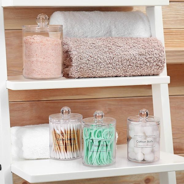 4 pakke Qtip-holderdispenser for bomullsdotter, bomullspinne, runde bomullsputer, tanntråd - 10 Oz klart plastikkapotekkrukkesett
