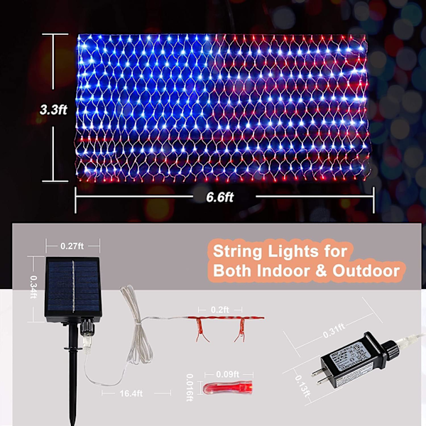 (Uppgraderad) 2-i-1 Plug-in & Solcellsdriven Amerikansk Flagga Ljusslinga, 420 LED Flagg-nätljus, Vattentäta Patriotiska Ljus för Memorial Day, 4 juli