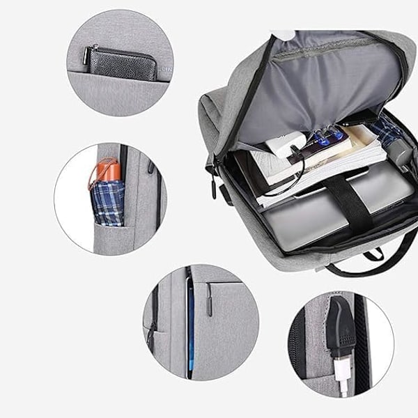 Resebärbar Laptop Ryggsäck, Affärs Laptop Väska Med USB Laddningsport, Ryggsäck Ljusgrå