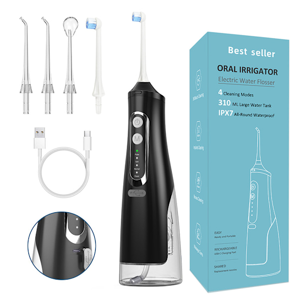 Oral Irrigator - 310 ml vattentank, uppladdningsbar, IPX7 vattentät, svart