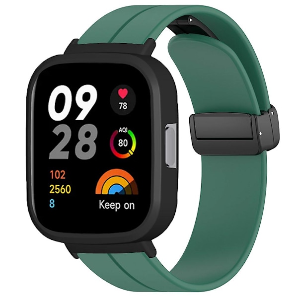 Musta magneettinen solki silikoniranneke Xiaomi Redmi Watch 3 -kellolle, jossa kellokuori Army Green