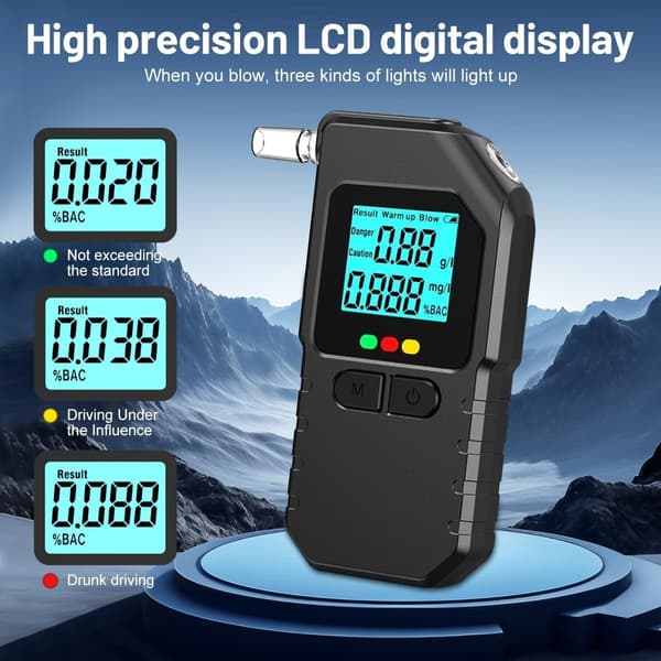 Alkomittari digitaalisella LCD-näytöllä, suukappaleilla