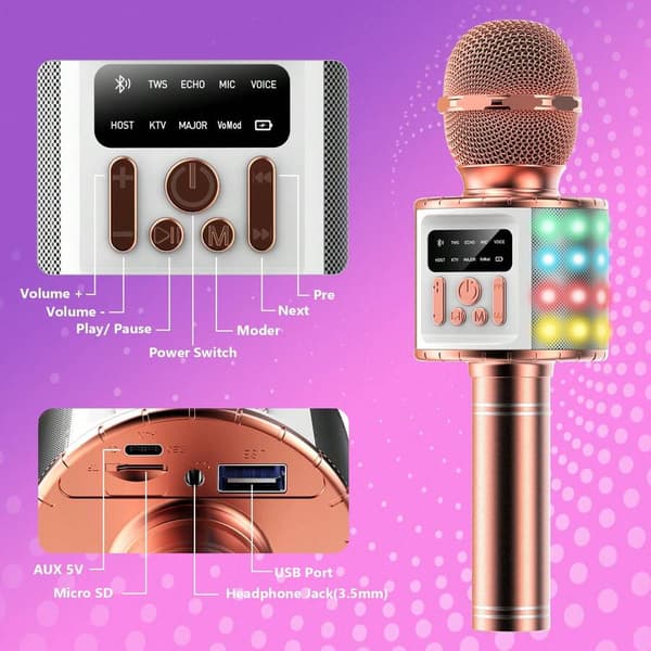 5-i-1 trådløs Bluetooth karaoke-mikrofon med stemmeskifter (5 magiske stemmer) Black