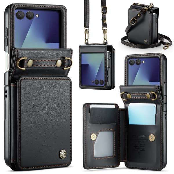 Etui til Samsung Galaxy Z Flip 7, med RFID-blokerende kortholder og remstativ (sort)