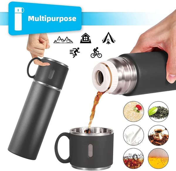 Termoflaske, 500 ml isoleret/kold drikkebeholder med 2 kopper rustfrit stål (sort) Black 500ML