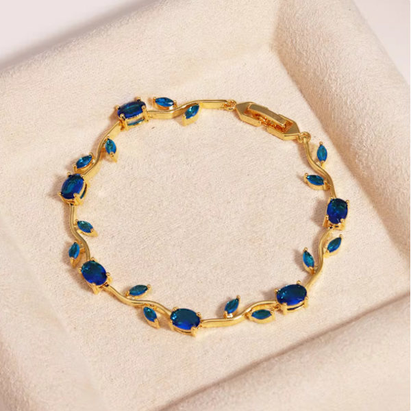 Armbånd til grene i rustfrit stål guld med zirkonsten (blå)
