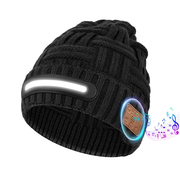 Bluetooth-lue med lys, USB oppladbar LED strikket lue (hvitt lys)