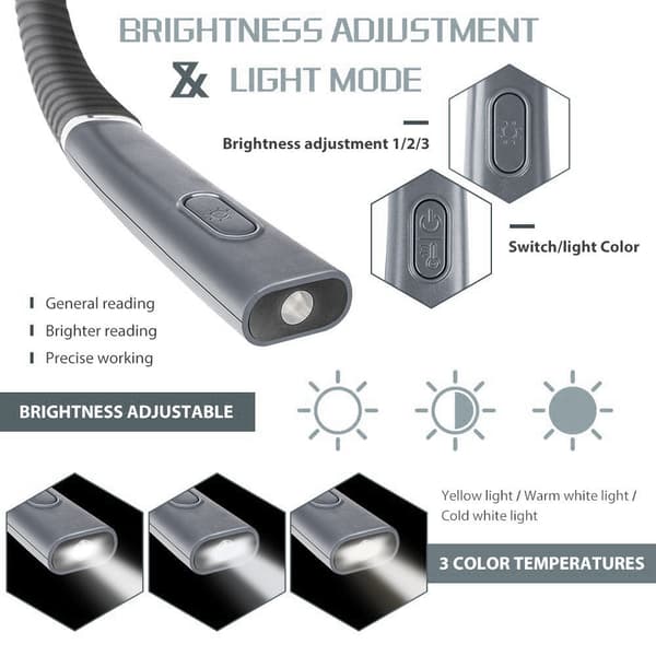 LED-læselampe - Hals, 3 farver og 3 lysstyrkeniveauer (sort)