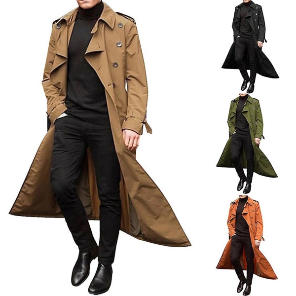 Män Trench Coat Dubbelknäppt Lapel Windbreaker Man Långjacka Ytterkläder M Khaki