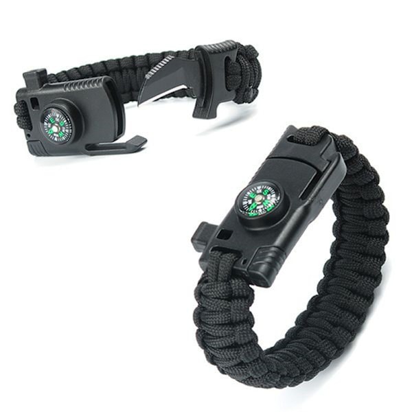 Paracord-ranneke - Paracord-terä - Pilli - Kompassi (Musta)