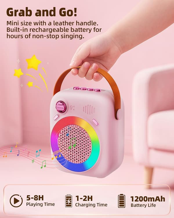 Karaokemaskin för barn 3–12 år, Bluetooth 5.3-högtalare med 2 trådlösa mikrofoner Pink
