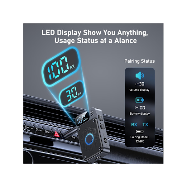 Bil Bluetooth Sender Mottaker, 3.5mm Aux Lydadapter Bluetooth 5.4 med LED-Display Volumkontroll Bluetooth Mottaker