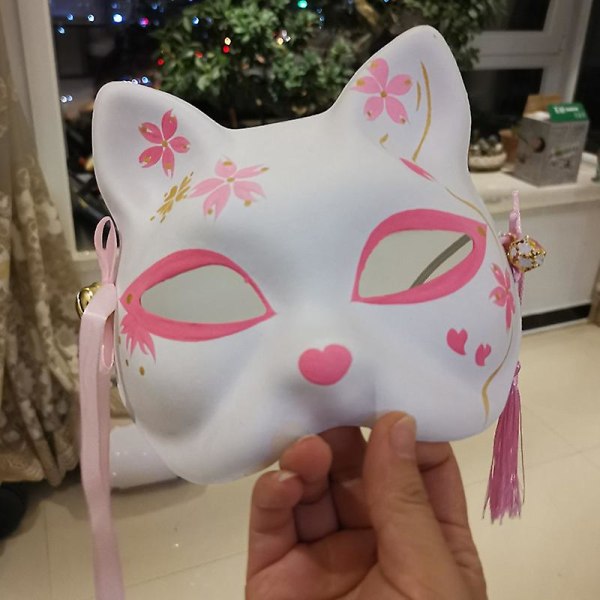 Lycklig-rosa Cherry Blossoms Fox Masks Anime Cosplay Japansk halvansikte Kattmask Maskerad Festival Kabuki Kitsune Masker Fest Propsa