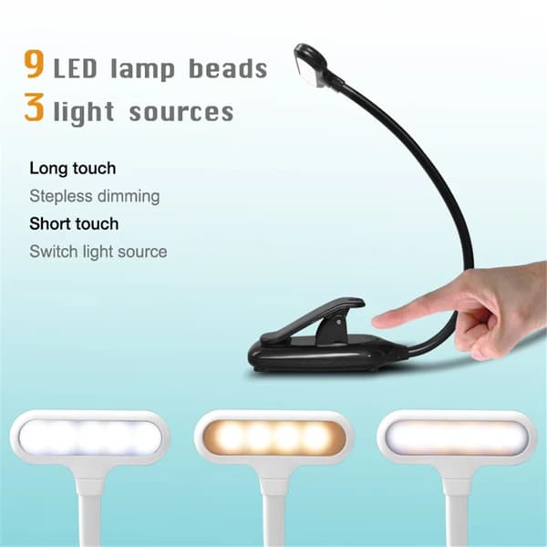 LED-lukulamppu - 3 säädettävää kirkkaustasoa puristimella (musta)
