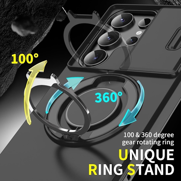 Etui til Samsung Galaxy S25 Edge, med 360° roterende holder, privatlivskameradæksel (sort)