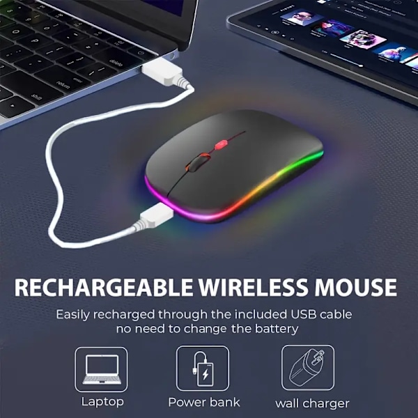 Trådløs RGB Ultratynd Mus, 2.4Ghz Genopladelig Bluetooth, Ergonomisk Design (Hvid)