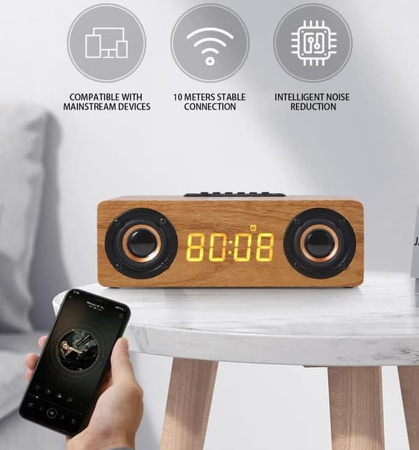 Coluna Bluetooth Vækkeur i Træ, Aux Input og Output, Trådløs Opladning (Brun)