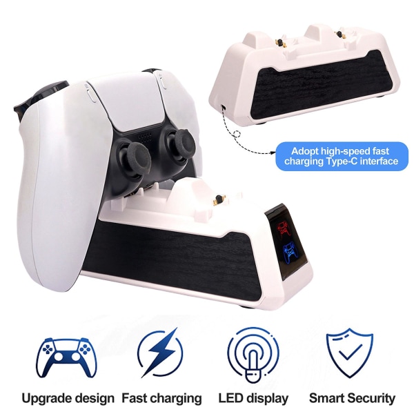Spelkontroll Laddningsdocka Dual Base Type-C Snabbladdning LED-indikator Säker Antisladd Video Gamepad-laddare för PS5 Gaming Controller B