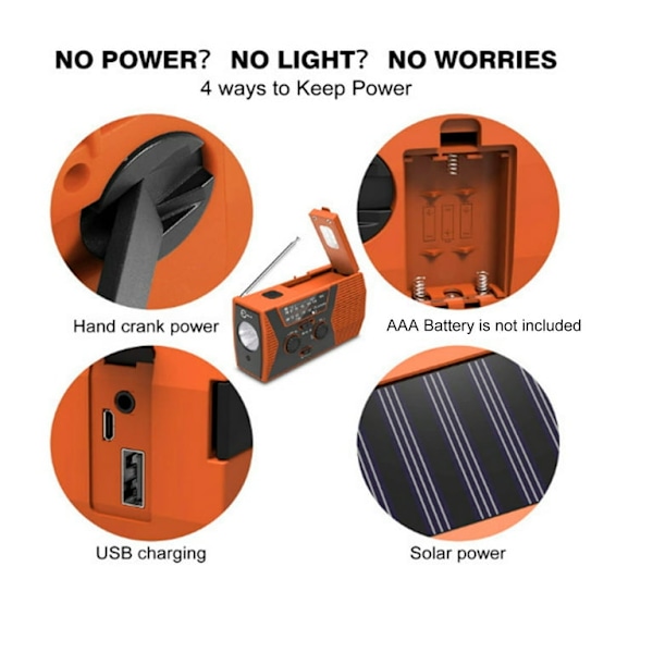 AM/FM/NOAA Solardriven radio med handvev, med SOS-larm, 2000mAh (orange)