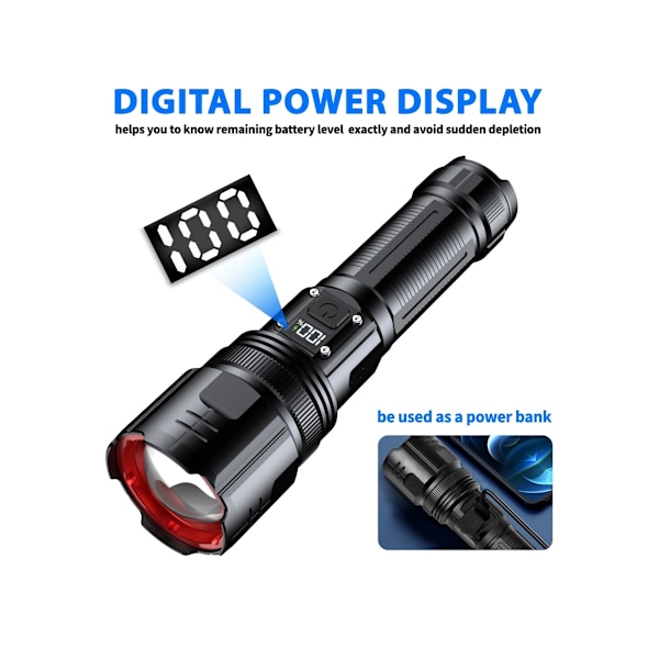 Superstarka LED-ficklampor 200 000 Lumen Uppladdningsbara Ficklampor Med Digital Effektvisning Zoombar Taktisk Ficklampa 5 Lägen För Camping