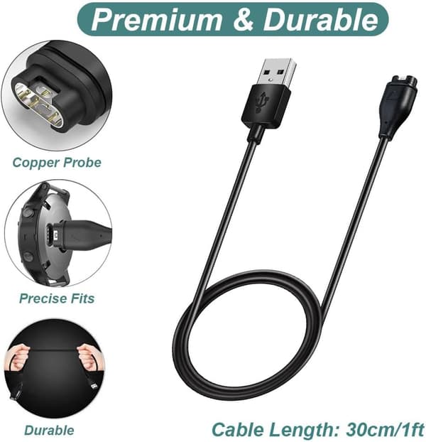 Kissmart oplader til Garmin Instinct, Instinct 2, Instinct 2S, Instinct 2X, udskiftningsopladerkabel og sort silikone støvprop (2-pak)