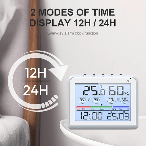 Digitalt termometer hygrometer, mykt lysdisplay, miljøkomfortindeks
