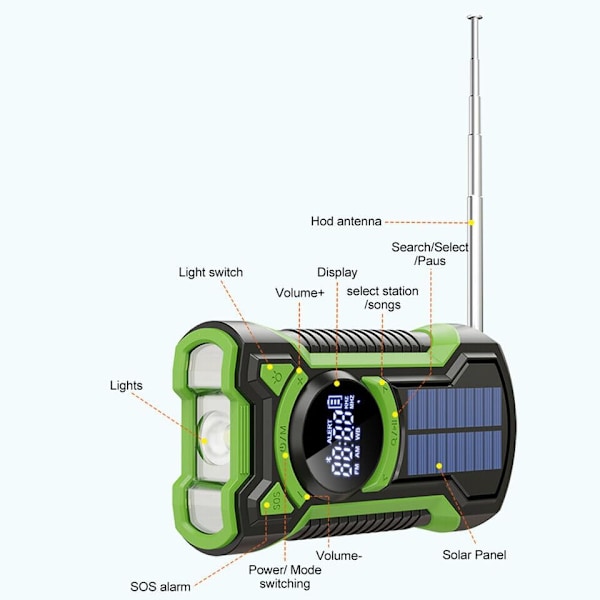 Aurinkoradio, hätäveivattava 5000 mAh, AM/FM/NOAA-säävaroitukset - Punainen