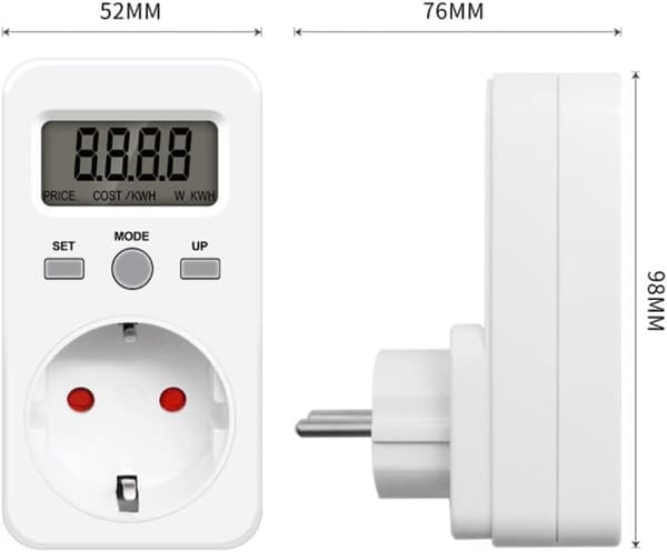 Strømmåler, plug-in energimonitor, wattmåler, opptil 3 680 W, 230V 16A