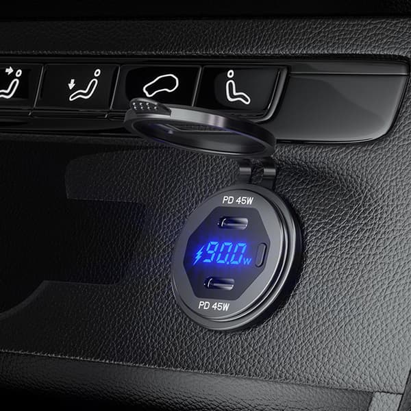 Metall 90W Dubbel Typ C Usb C Pd Snabb Billaddare Med Spännings-/effektdisplay Black 1