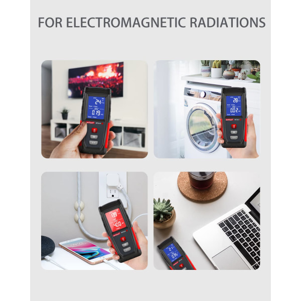 Smart digital elektromagnetisk feltstrålingsdetektormåler, genopladelig, håndholdt bærbar med temperatur, LCD-baggrundslys