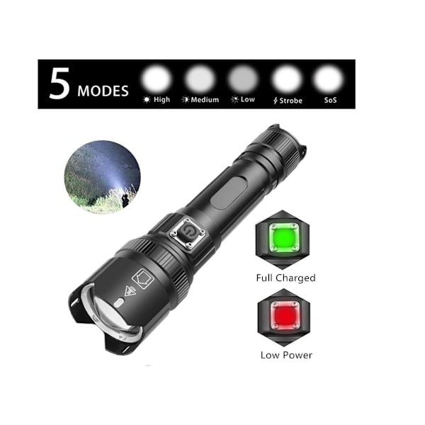 Ficklampa 20000 Lumen Super Stark Taktisk Ficklampa Zoombar 5 Lägen Vattentät Kraftfulla Ficklampor Med LED-Display