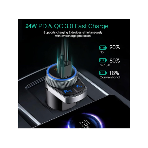 Bluetooth 5.1 Bil FM Transmitter 24W PD & 18W QC3.0 Opladningsport Håndfri Opkald Bluetooth Afspilning Sort