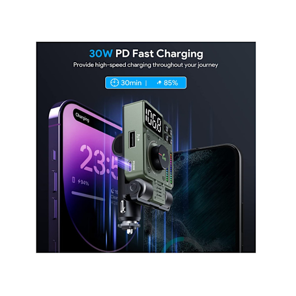 Bluetooth 5.3 FM-lähetin autoon, Bluetooth-autoadapteri handsfree-puheluille, tukee pikalatausta,